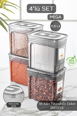 Meleni Home 4'lü 5,5 Litre Jumbo Boy Lena Un Kabı - Kapaklı Erzak Bakliyat Saklama Kabı - Malzeme Saklama Kutusu