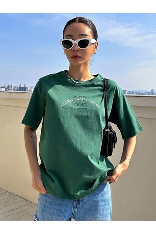 Flood Of Style Kadın Nefti Yeşil Clarity And Candor Baskılı Oversize T-shirt