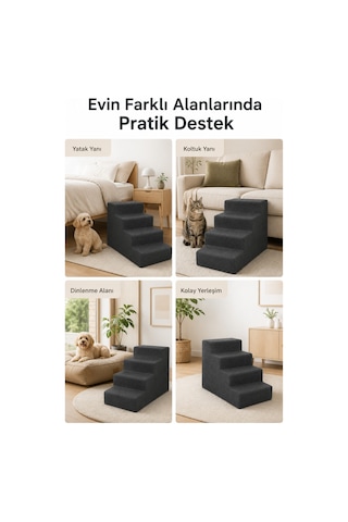 4 Basamaklı Kedi Köpek Merdiveni 54x40x40 Cm, Fermuarlı Yıkanabilir Kılıflı Sert Sünger