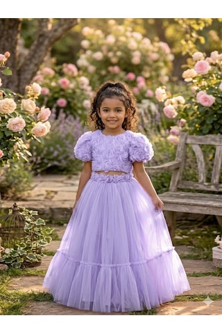 Star Kids Fashion Kız Çoçuk Mor Gül Detaylı Crop Elbise, Kız Çoçuk Mezuniyet Elbisesi Lila