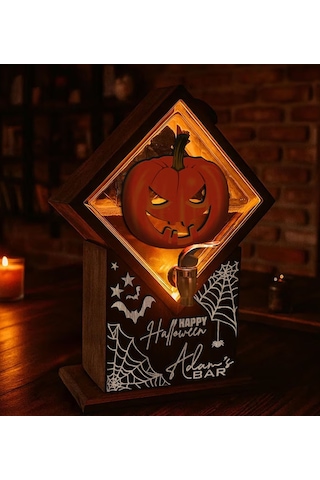Bk Gift Kişiye Özel Halloween Tasarımlı Viski Çeşmesi Led Işıklı Ve Balkabağı Oymalı Tasarımlı Özel İsimli Cadılar Bayramı Ahşap Viski Çeşmesi Kobit Renkli