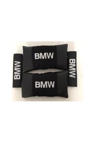 Bmw Nakışlı Deri 1 Çift Boyun Yastık Ve 1 Çift Kemer Pedi Siyah