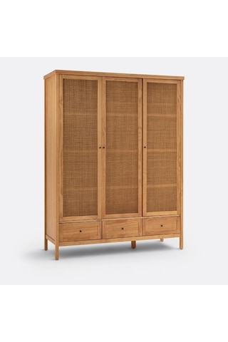 Altea Rattan Detaylı Geniş Masif Gardrop Ahşap