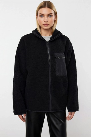 Benerly Kadın Dik Yaka Düşük Kol Tam Fermuarlı Peluş Sweatshirt Fonksiyon siyah