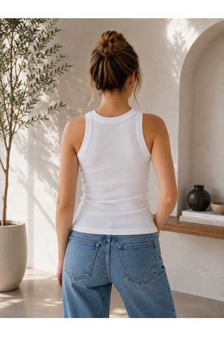 Feyece Beyaz Zargo Model Fitted/vücuda Oturan Geniş Biyeli Halter Yaka Fitilli Esnek Örme Crop Bluz
