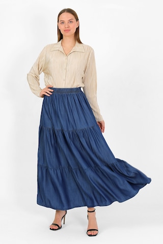 Beli Lastikli Büzgülü Tensel Etek Koyu Mavi