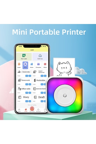 Shineyee Kablosuz Bluetooth Mini Termal Yazıcı - Akıllı Telefon Uyumlu, 57mm Baskı, Rgb Işıklı, Taşınabilir Çıkartma Makinesi