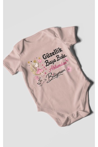 Morivokids Güzellik Başa Bela Ablamdan Biliyorum Kısa Kollu Bebek Body %100 Pamuk Pastel Pembe