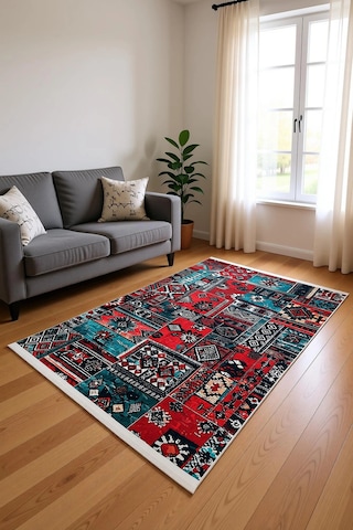 Blghome Renkli Patchwork Desen Modern Halı Dekoratif Kilim Kırmızı - Mavi