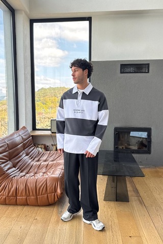 Yazılı Çizgili Polo Yaka Sweatshirt Siyah Siyah