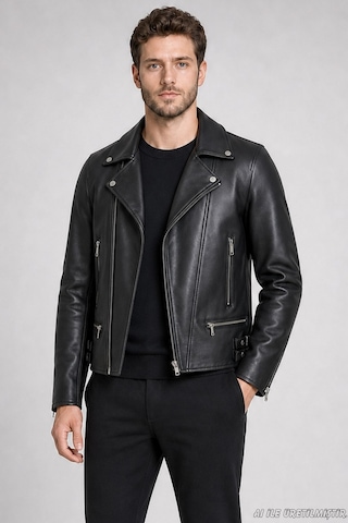 Freemen Erkek Slim Fit Çapraz Fermuarlı İçi Kürklü Suni Deri Ceket-421 Siyah