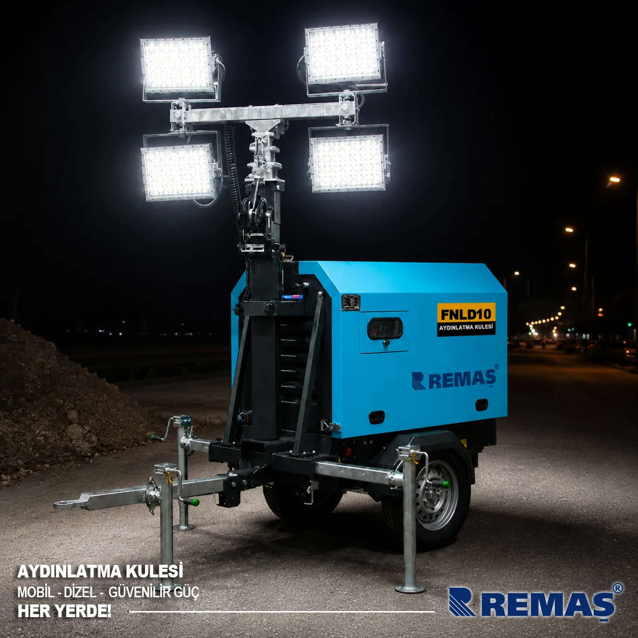 Remaş Mobil Aydınlatma Kulesi 4x250W 8KVA Portatif Işık Kulesi Işıldak Marşlı Dizel Jeneratör
