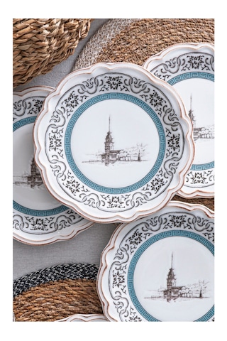 Kız Kulesi Desenli Porselen Pasta & Tatlı Tabağı Takımı İstanbul Motifli 6 Kişilik 6 Parça 21 Cm Beyaz Kız Kulesi Desenli Porselen Pasta & Tatlı Tabağı Takımı İstanbul Motifli 6 Kişilik 6 Parça 21 Cm Beyaz