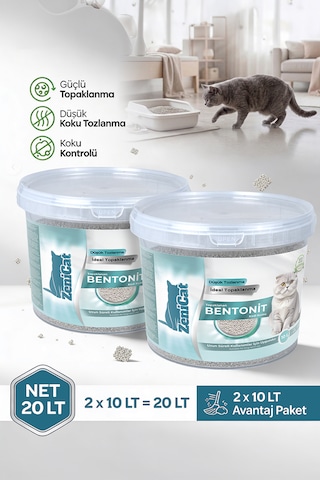 Naturel Bentonit Kedi Kumu 2x10 Lt - İnce Taneli Güçlü Topaklanan Kokusuz Tozsuz Kovalı