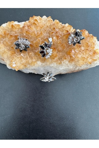 Aysesa Oniks Taşlı Kadın Gümüş Set 2küpe+kolye+yüzük 925 Ayar