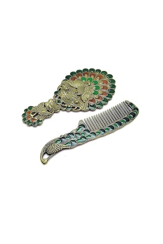 Cbtx Vintage Sap Peacock  İki Parçalı Taşınabilir Makyaj Aynası Bronz Peacock