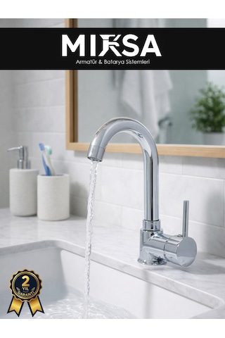 Armut Baston Borulu Banyo Lavabo Bataryası Çeşmesi Musluğu Çift Su Girişli Krom
