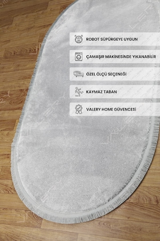 Comfort Oval Overloklu Peluş Halı Gri Gri Düz Saçaklı Oval