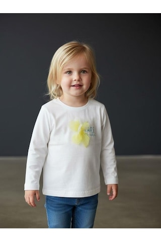Zekids Kız Bebek Pamuklu Çiçek İşlemeli Yazı Baskılı İnce Uzun Kollu T-shirt-16553 Çok Renkli