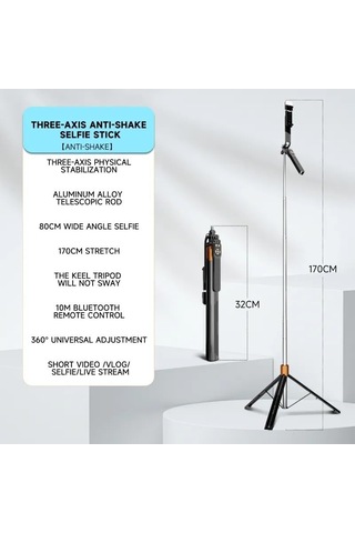 3 Eksen Anti Shake Stabilizasyonlu Selfie Çubuğu Tripod 170 Cm Uzatılabilir Alüminyum Gövde 10 M Bluetooth Kumanda 360 Ayar 1/4 Vida Kamera Vlog Canlı Yayın Np-l6s