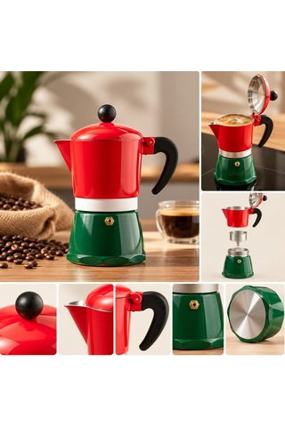 Retro Renkli Moka Pot 3 Fincan Kahve Demleyici
