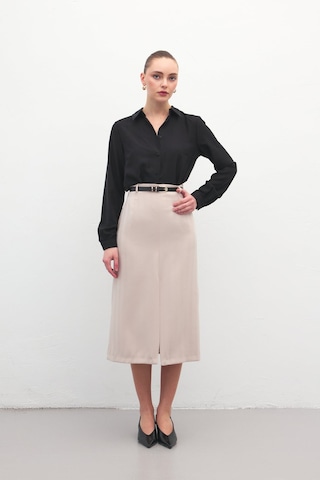Sateen Anna Yırtmaçlı Etek - Bej-137173 Bej