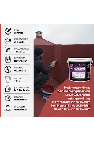 Alkoru 10 Adet 13 Kg Kırmızı Kumlu Likit Membran Renkli Reçine Esaslı Sıvı Su Yalıtım Malzemesi Avantaj Paket