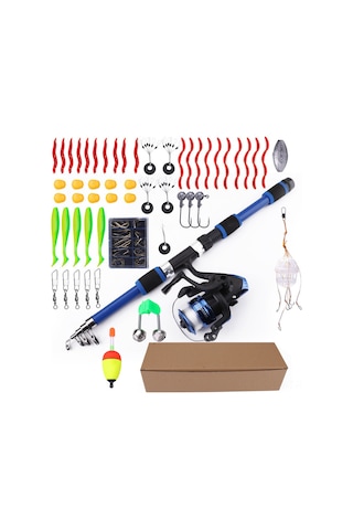 Springsun Fıshkıng 1.8m Geniş Kullanımlı Şişirilebilir Spinning Kamış Seti, 55 Parça Yumuşak Yemli Balık Tutma Takımı Mavi