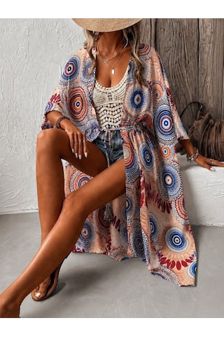 Veraura Lifestyle Kadın Kısa Kollu Önü Açık Belden Kuşaklı Uzun Kimono Kırmızı