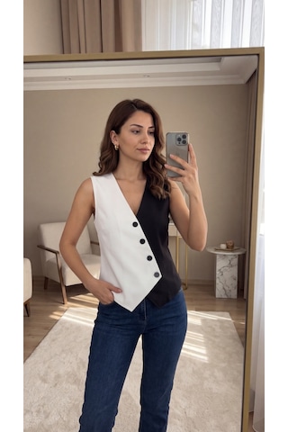 Butik İstanbul Kadın Sıfır Kol V Yakalı Düğmeli Blok Renkli Atlas Yelek Siyah