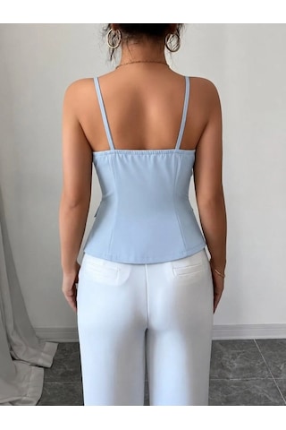 DefyModa Kadın Askılı Önü Döğmeli Atlas Bluz Mavi