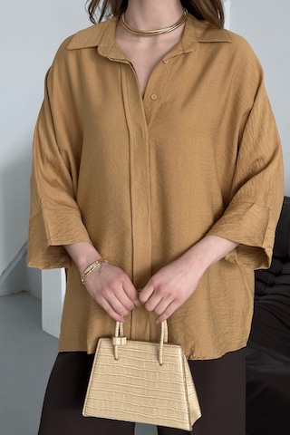 Paw Garage Kadın Evelyn Vizon Oversize Gömlek, Keten Ayrobin Ön Patlı Gömlek Vizon