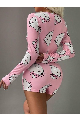 Findit Pamuklu Pembe Hello Kitty Desenli Düğmeli Uzun Kol Tulum Pijama