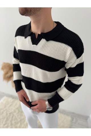 Say-Has Fashion Rahat Kalıp Erkek Polo Yaka Çizgili Triko Kazak Siyah