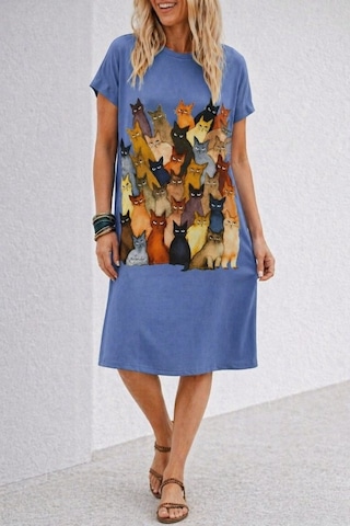 Alyn Wear Kısa Kollu Bisiklet Yakalı Kedı Desenli Midi Vıskon Elbise Mavi