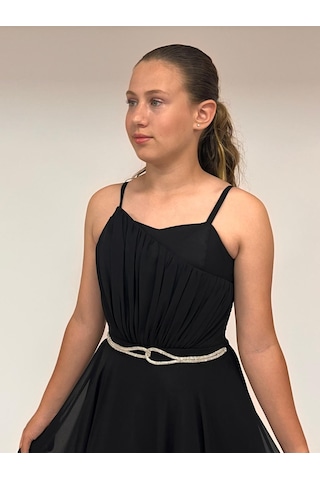 Kız Çocuk Abiye Askılı Siyah Şifon Drape Ve Taş Detaylı Abiye Elbise 10-15 Yaş Siyah