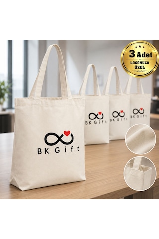 Bk Gift Logonuza Özel 3 Adet Luna Kırık Beyaz Körüklü Keten Bez Çanta 37 X 41 Cm Baskılı Set Bej