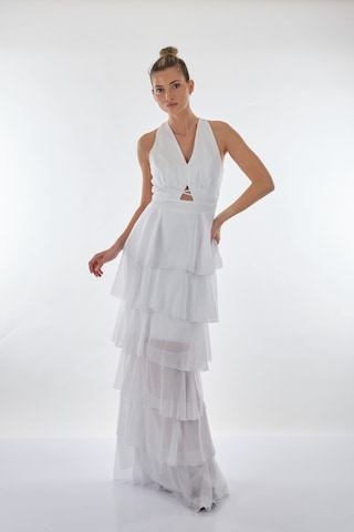 Dori V Yakalı Kat Kat Şifon Abiye Elbise 221kb3039 Beyaz