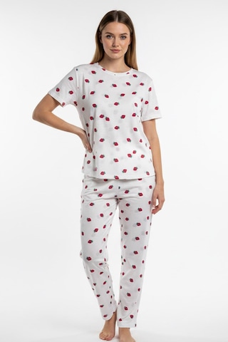 Kompedan Kadın Bisiklet Yaka Yumuşak Dokulu Çilek Desenli Kısa Kol Pijama Takım Beyaz 70132-4712