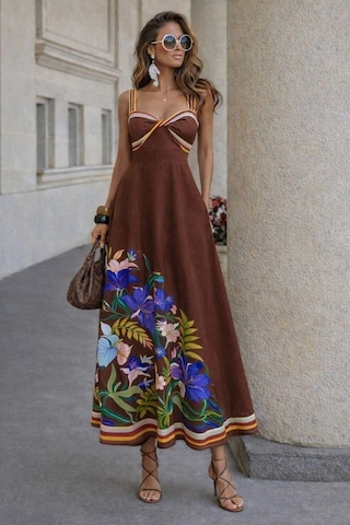 Asprinfashion Kadın İthal Keten Dijital Baskılı Askılı Maxi Elbise Yazlık Çiçek Desenli Uzun Elbise Kahverengi