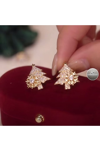Yunboo Altın Renkli Noel Ağacı Küpe, Döner Kar Tanesi Tasarımı, Zirkon Taşlı, S925 Gümüş İğne, Kış Bayramı Aksesuarı D0007 Gold