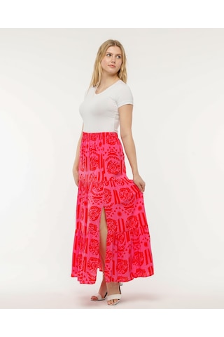 Viskon Kumaş Desenli Yırtmaçlı Uzun Etek 01 Pembe