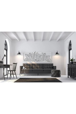 Yaprak Model 3 Lü Dekor Ahşap Duvar Süs Tablo Beyaz Renk 147x52 Cm