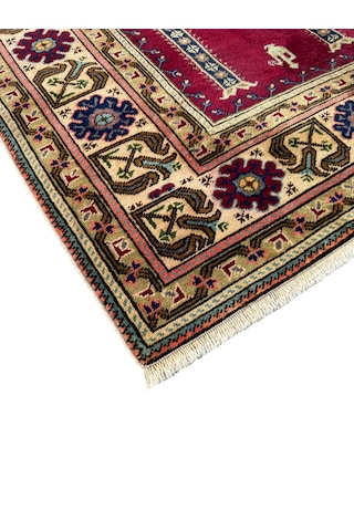 El Dokuma Vintage Eskitme Bünyan Halısı Seccade 86x130 Kırmızı Krem Kırmızı