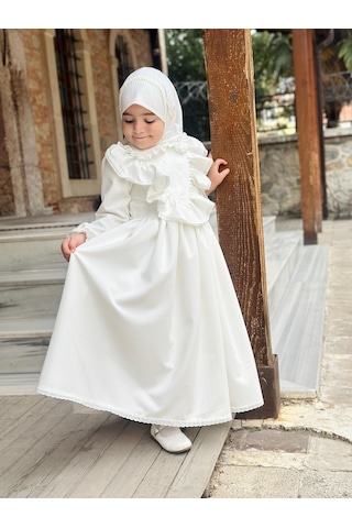 Ayperi Kız Çocuk Tesettür Elbisesi Merasim Elbisesi,başörtülü Takım 3-12 Yaş Uygun Beyaz