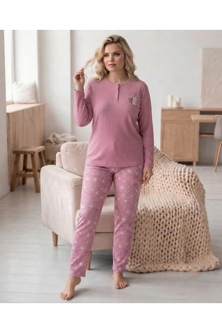 Eyfuze Kadın Kışlık Büyük Beden Curve Nakışlı Desenli Yakası Düğmeli Uzun Kollu Pijama Takımı Koyu Pembe