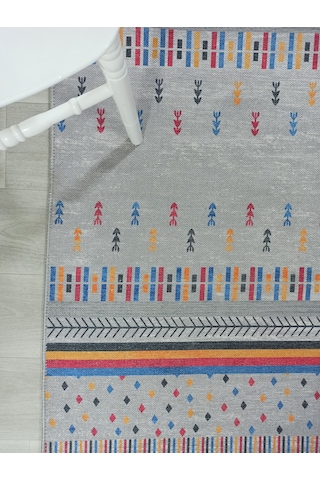Gri Ve Çok Renkli Geometrik Desenli Modern Yolluk - Tk304ou