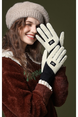 Snapbuy Unisex Kışlık, Parmak Açılır Dokunmatik, Kalın Peluş Eldiven Açık Bej