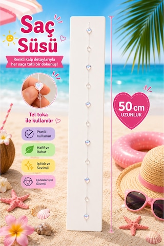 Işıltılı Kalp Boncuklu Çocuk Saç Süsü - 50 Cm Pratik Tel Tokalı