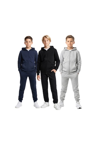 Fyk Kids Fermuarlı Kapüşonlu Kanguru Cepli Düz Baskısız Erkek Çocuk Eşofman Takımı 3'lü - Gri - Siyah - Lacivert